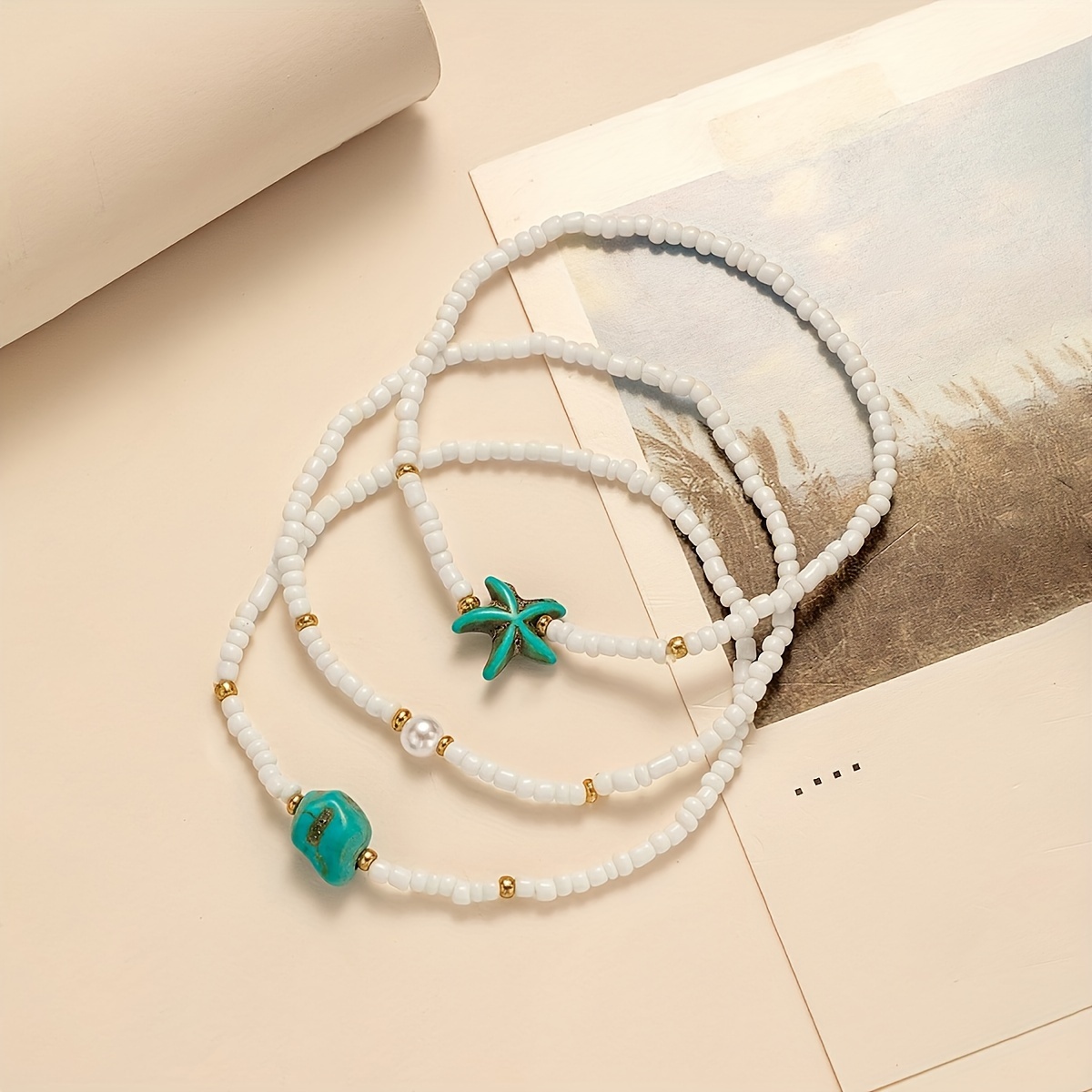 3pc Bohemian Mixed-Color Seed Bead Starfish Anklet Set